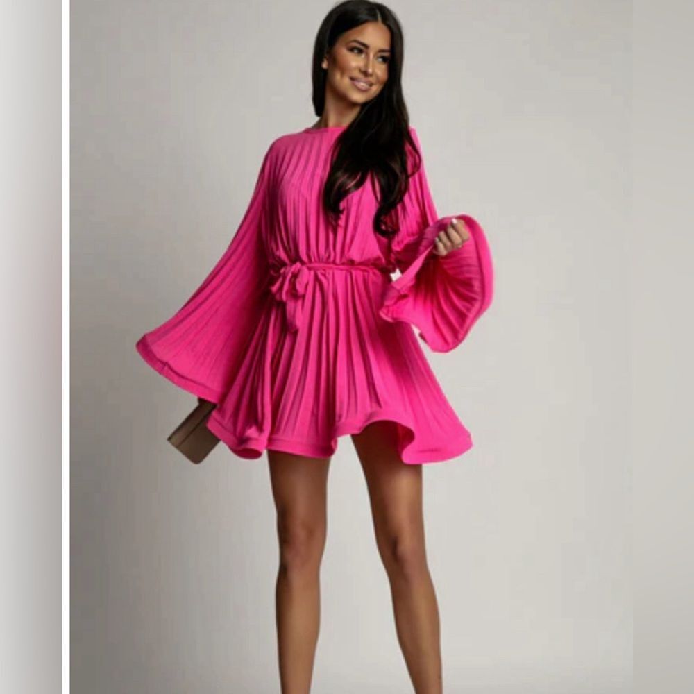 Heather Pleated Flute Sleeves Frill Dress - Hot Pink